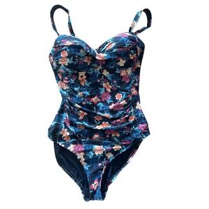 Tummy Control One Piece Swimsuit Nip Tuck Swim Floral Ruched Blue Size 6